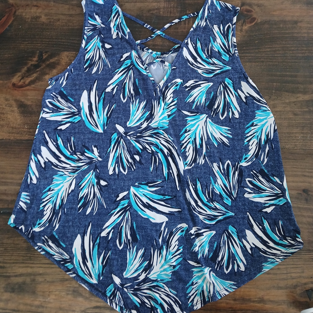Blue and White Leaf Print Women's Top